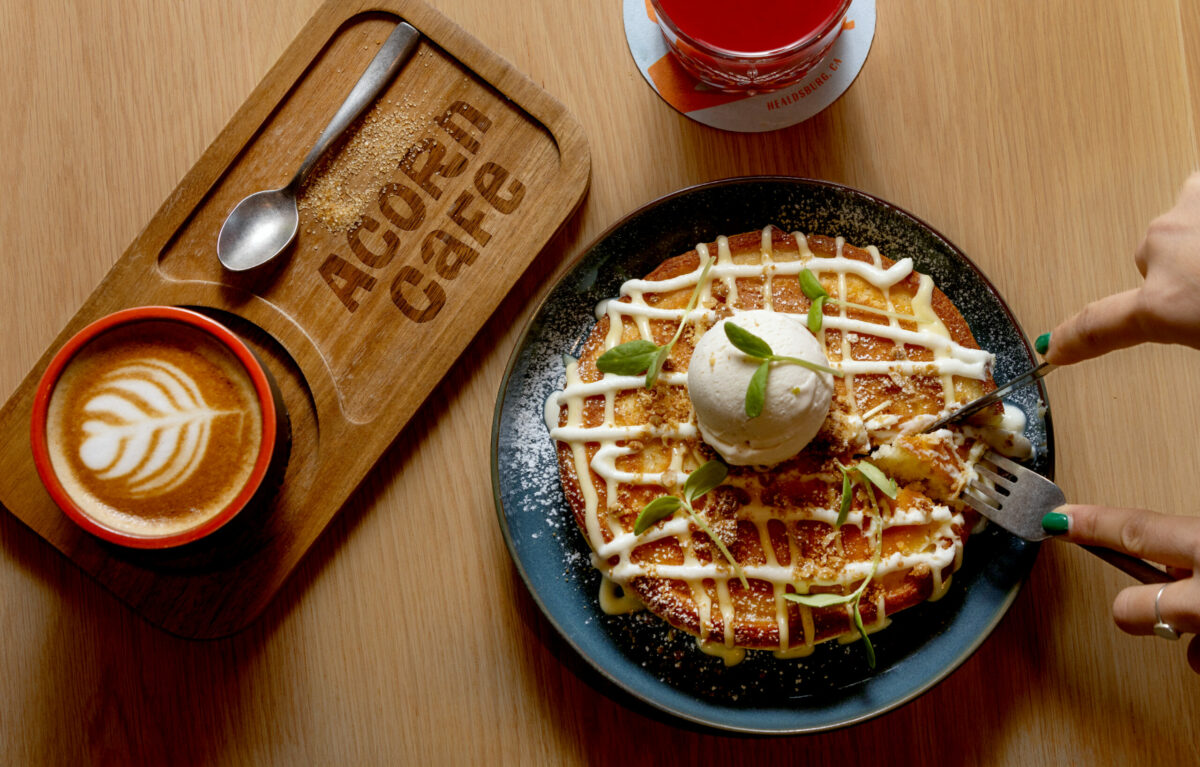 Lemon Ricotta Hotcake with Acorn house lemon curd, whipped ricotta, oat crumble and lemon lavender ice cream from the Acorn Cafe Thursday, October 3, 2024, in Healdsburg. (John Burgess / The Press Democrat)