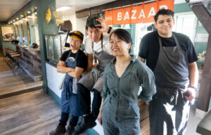 The Bazaar Sonoma, BaSo | Restaurant & Konbini team, left to right, Em Grayho, co-owners chef Sean Quan and Jenny Phan with chef Clayton Carter run Forestville’s new restaurant, Oct. 17, 2024. (John Burgess / The Press Democrat)