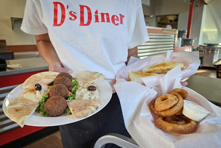 The Mediterranean platter, onion rings and a tuna melt at D's Diner in Santa Rosa. (Heather Irwin/The Press Democrat)