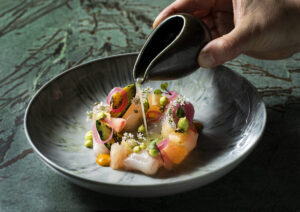 Kona Kampachi Ceviche with avocado, kohlrabi, citrus kosho from The Matheson in Healdsburg on Friday, November 5, 2021. (Photo by John Burgess/The Press Democrat)