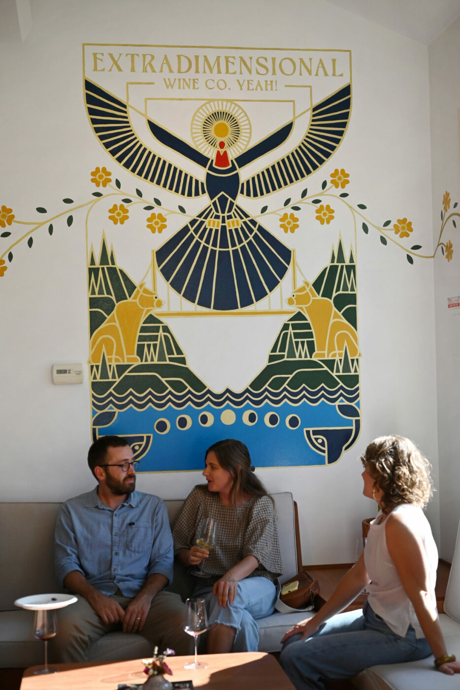 Guests during a soft opening of the new tasting room for Extradimensional Wine Co. Yeah! in Sonoma, Saturday, Aug. 19, 2023. (Erik Castro / For The Press Democrat)