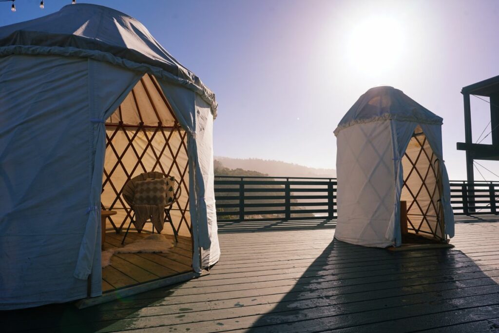 Outside the Holiday Alpine Yurts at Timber Cover Resort in Jenner