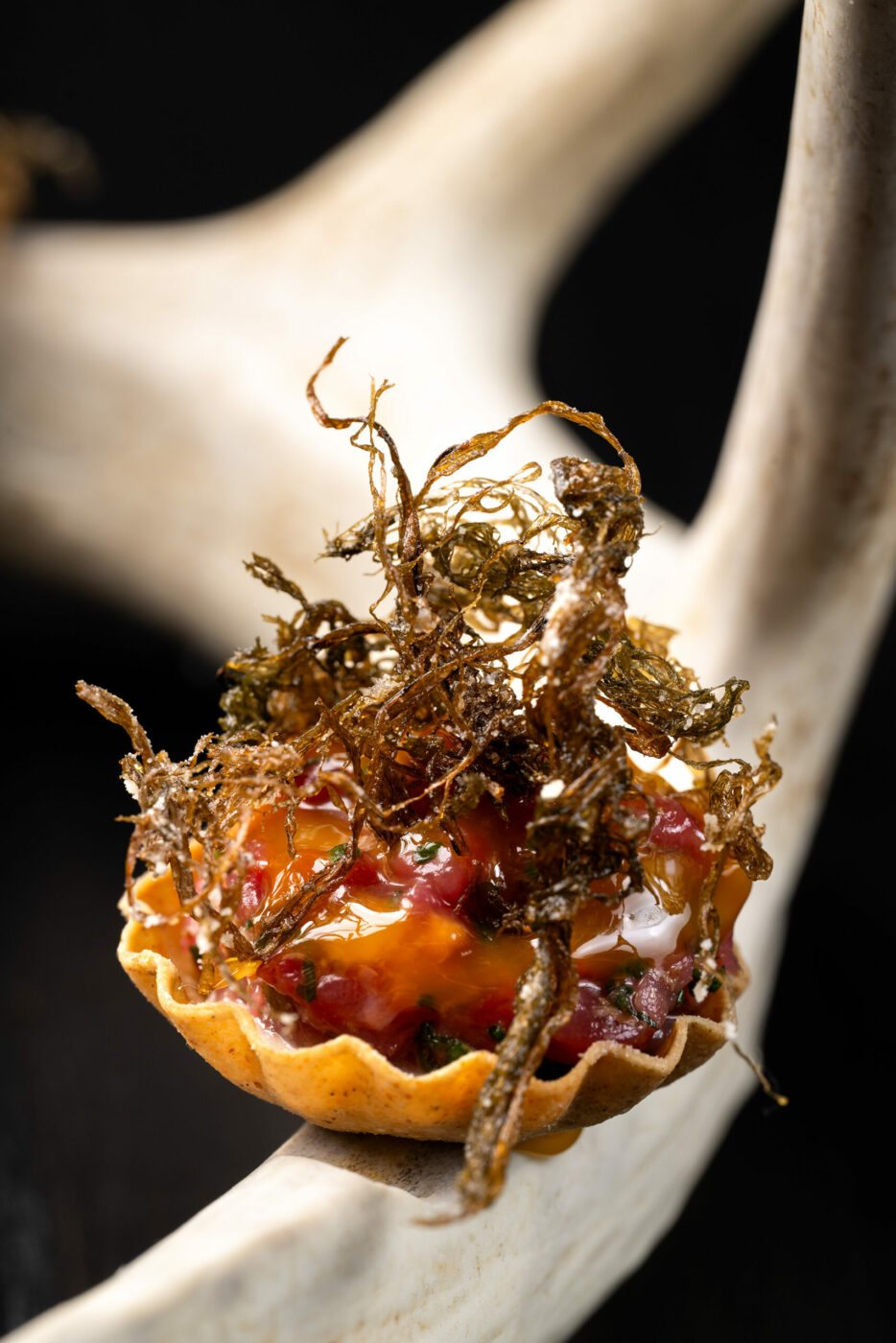 “Antler” dish with lichen at Enclos restaurant in Sonoma. (Adahlia Cole / Courtesy Enclos)