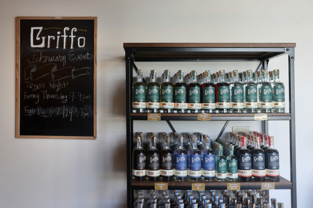 A variety of spirits for sale at Griffo Distillery in Petaluma, Tuesday, Feb. 21, 2023. (Beth Schlanker/The Press Democrat)