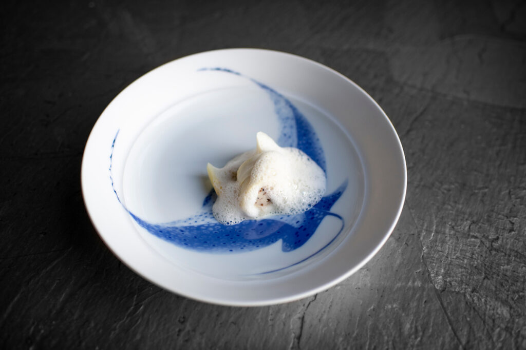 Skate with White asparagus, Vin Juane, and walnut at Enclos restaurant in Sonoma. (Bonjwing Lee)