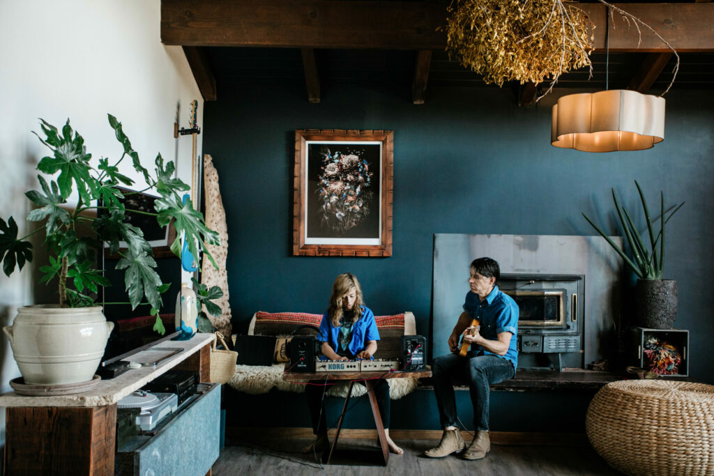 Inside Morgania Moore and Brook Bannister's living room, filled with handcrafted pieces and foraged finds. (Eileen Roche / Sonoma Magazine)