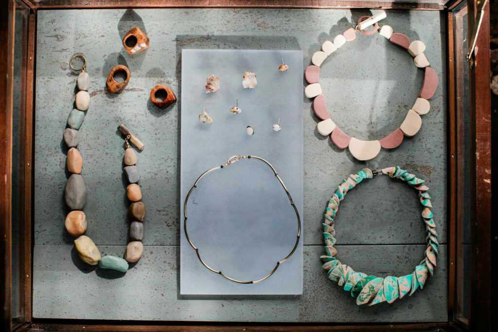 Some of Morgania Moore’s designs, in ceramic, stone and marble-dyed leather. (Eileen Roche / Sonoma Magazine)