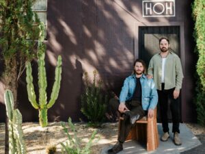 The Hommeboys, a boutique Sonoma interiors firm headed by Alex Mutter-Rottmayer and Austin Carrier, outside their Haus of Hommeboys studio in Sonoma. (Eileen Roche / for Sonoma Magazine)