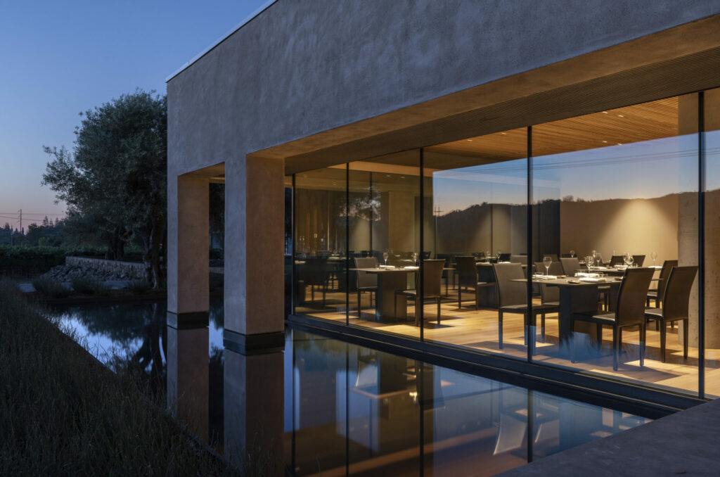 The dining room at Cyrus restaurant in Geyserville at dusk. (Aaron Leitz)