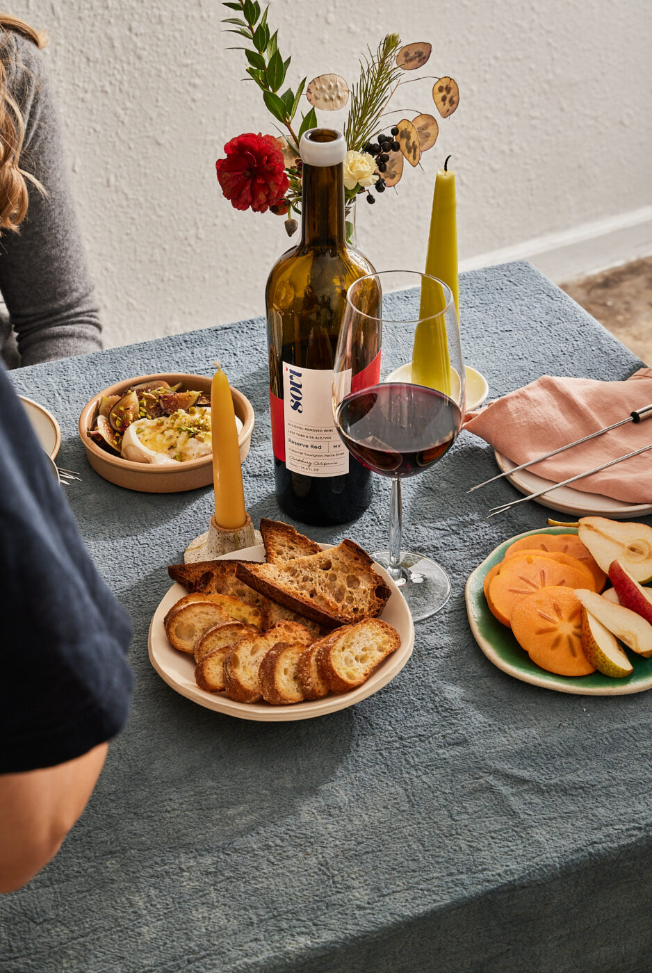 Napa-based Sovi makes nonalcoholic wines in a lovely, dry style, including a crisp sparkling white blend of Chenin Blanc, Pinot Gris and Gewürztraminer; a floral sparkling Rosé of Pinot Noir and Tempranillo; a light bodied blend of Pinot Noir, Tempranillo and Petite Sirah; and a playful, tropical Wild Child Pinot Gris orange wine. (Courtesy of Sovi)