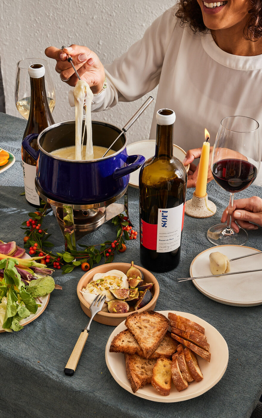 Napa-based Sovi makes nonalcoholic wines in a lovely, dry style, including a crisp sparkling white blend of Chenin Blanc, Pinot Gris and Gewürztraminer; a floral sparkling Rosé of Pinot Noir and Tempranillo; a light bodied blend of Pinot Noir, Tempranillo and Petite Sirah; and a playful, tropical Wild Child Pinot Gris orange wine. (Courtesy of Sovi)