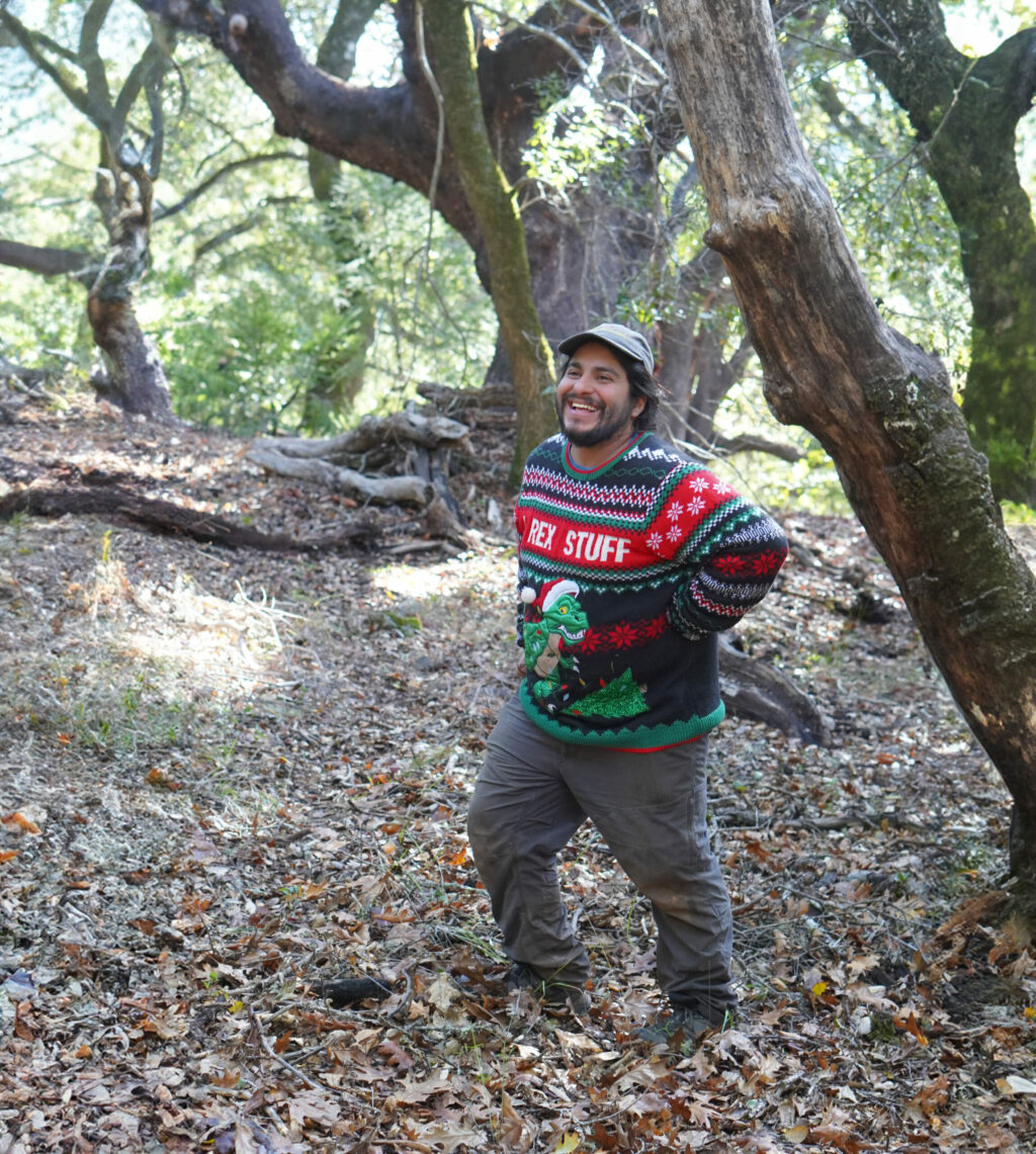 Holiday sweaters and lots of smiles at the Riddell Preserve in Healdsburg for a tree hunt that helps the forest. (Miranda Carreño / Courtesy LandPaths)