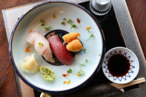 Nigiri Sushi, featuring Hamachi, Bluefin Tuna and Sea Urchin, made by owner/chef Michiyo Hagio at Michi Japanese Cuisine in Napa on Tuesday, December 17, 2024. (Christopher Chung/The Press Democrat)