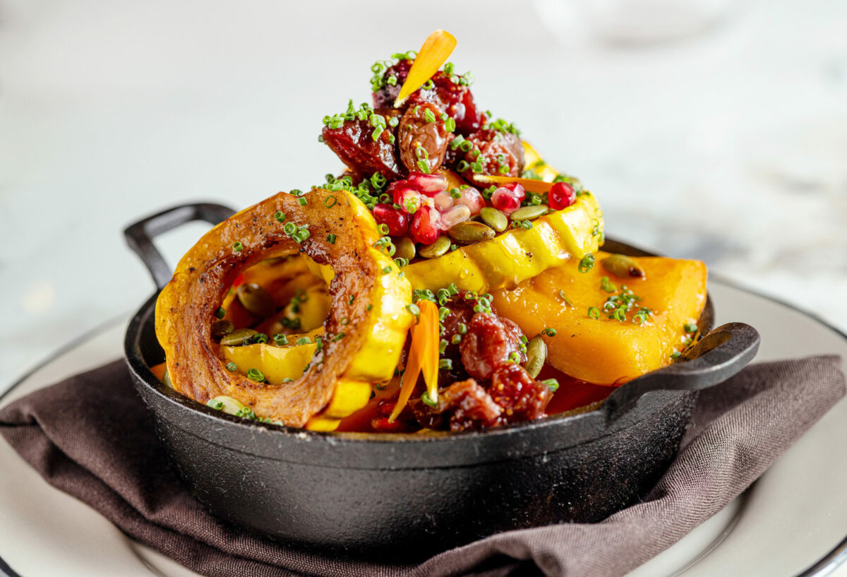 Caramelized Cassidy Ranch winter squash, figs in cabernet vinegar, orange from Songbird Parlour Thursday, November 21, 2024 in Glen Ellen. (John Burgess / The Press Democrat)