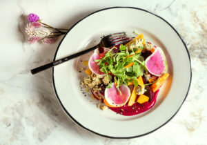 Smoked and pickled beet, Grazin' Girl gorgonzola, crispy onion, caraway, and seeds from Songbird Parlour Thursday, November 21, 2024, in Glen Ellen. (John Burgess / The Press Democrat)