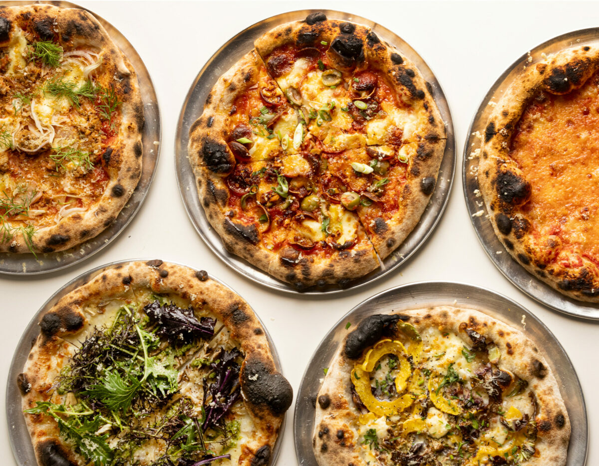 Clockwise from top left, Hogwarts Express, Pep in Your Step, The Bird, Living on the Veg and the Pretty Fly for a Fungi pizza from Slow Co. Pizza, Dec. 20, 2024, in Cotati. (John Burgess / The Press Democrat)