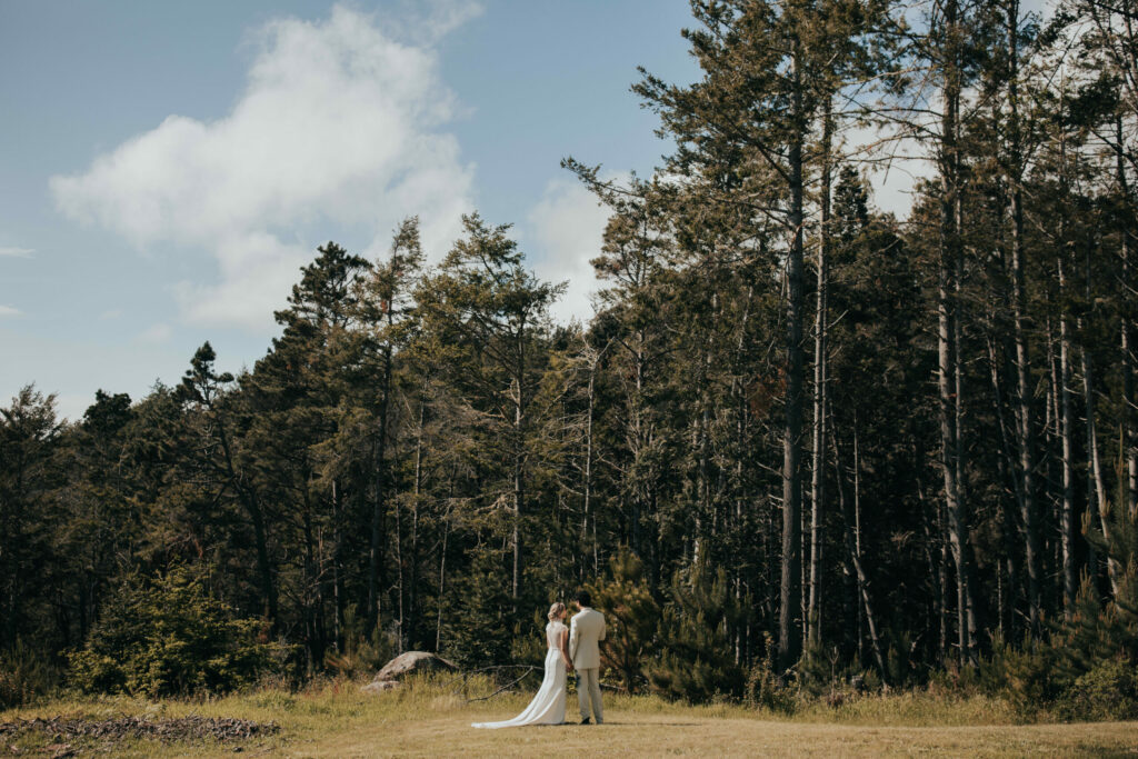 Megan and Ahmed Modan fell in love with the rural Driftwood Lodge and retreat center, which has a broad grassy meadow with miles-wide views of the Pacific — the ideal backdrop for the intimate, getaway wedding weekend the couple envisioned. (Amy DeBonis)