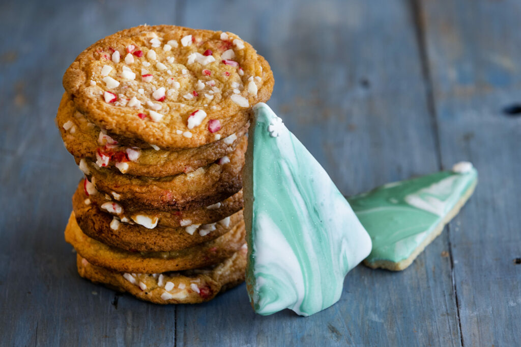 Marbled Sugar Cookie Trees and Peppermint White Chocolate cookies from Michele Wimborough, owner of Hazel restaurant in Occidental Tuesday, December 13, 2022. (John Burgess/The Press Democrat)
