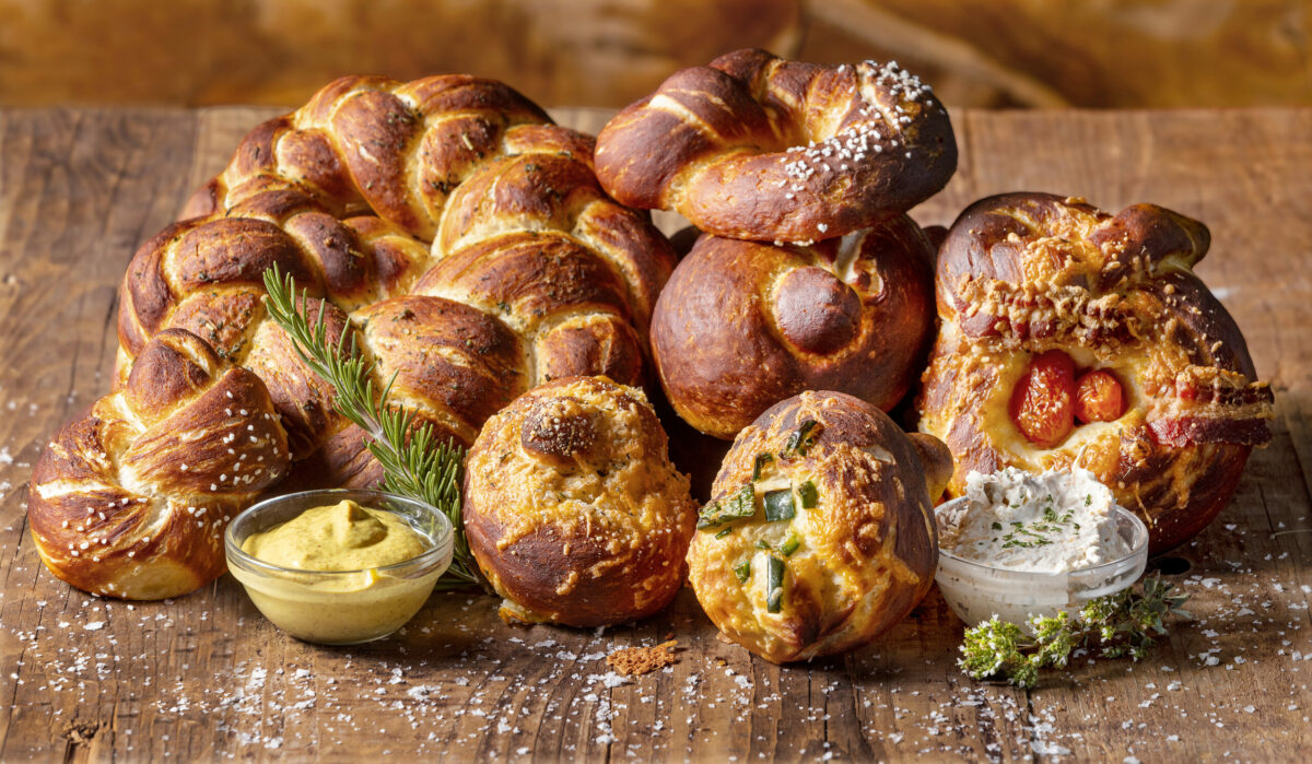 The selection of Pretzel Twists, Stuffed, Grandma’s Wreath and Jumbo Classic available in five flavors with four dips available for dunking at the Wooden Petal Bake Shop Wednesday, September 11, 2024, in Santa Rosa. (John Burgess / The Press Democrat)