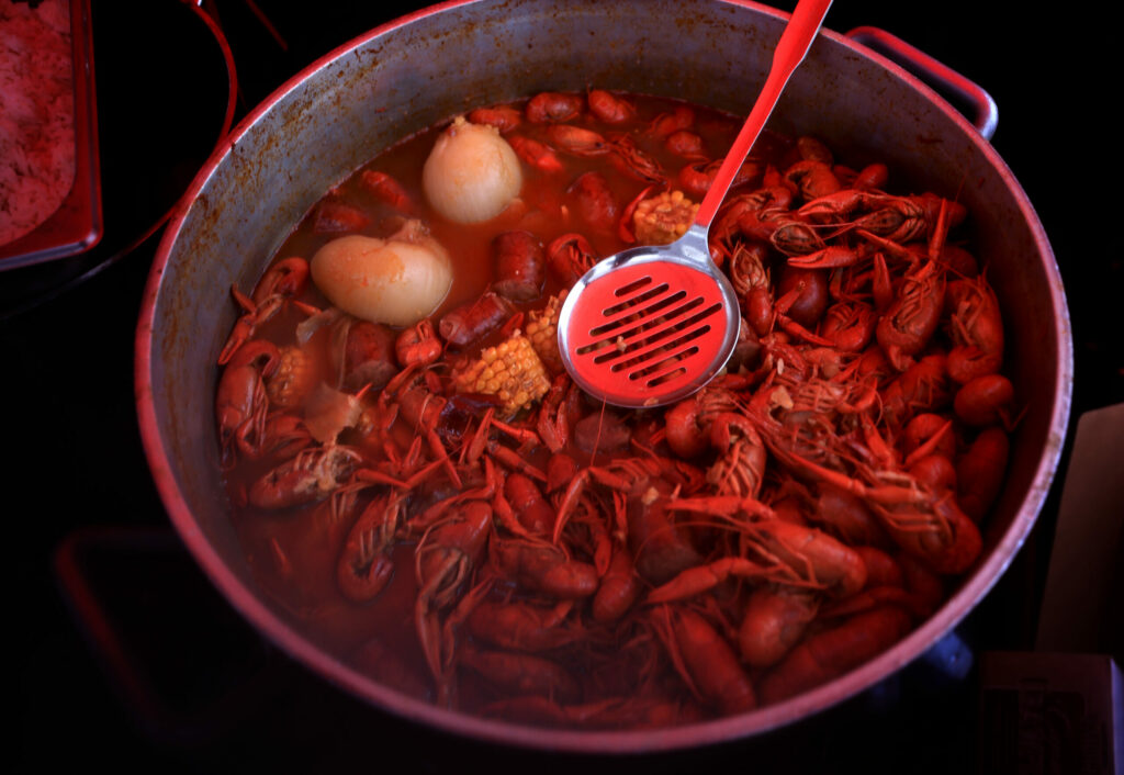 Saucy Mama's Soul Food crawfish boil, during Forestville's first-ever Mardi Gras celebration, Saturday, Feb. 26, 2022. (Kent Porter / The Press Democrat) 