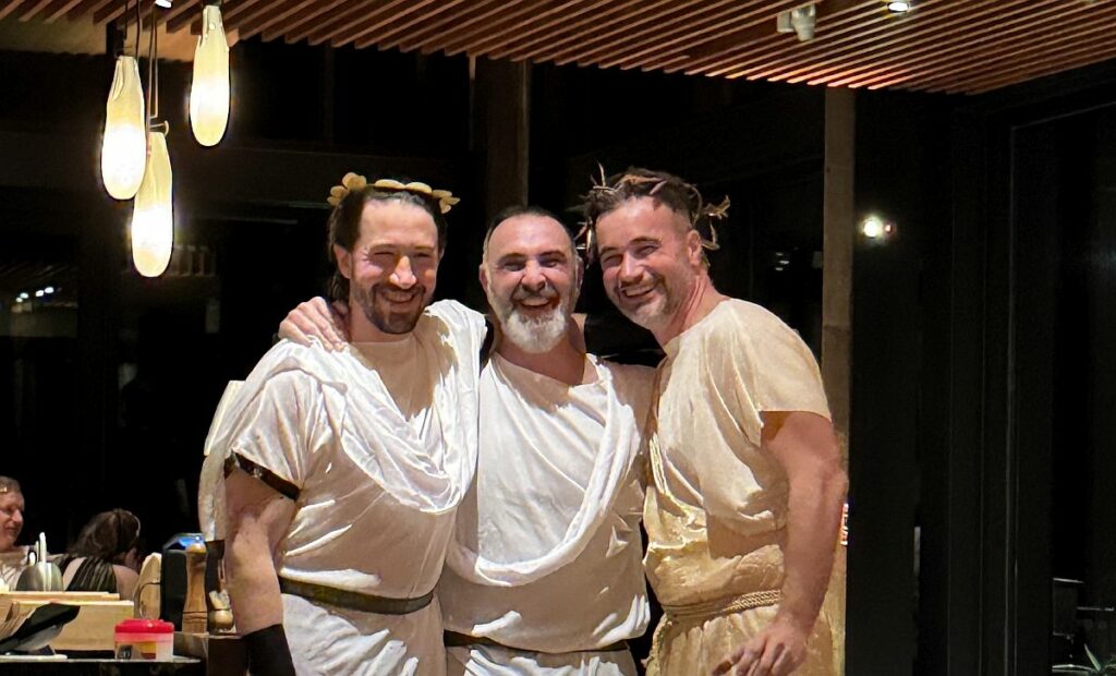 Jesse Katz, owner of Aperture Cellars, and TOWN co-founders Alexander Harris (who goes by A3l3xzand3r), of The Harris Gallery Art & Wine Collection, Arthur Murray, of Flambeaux Wine, (pictured left to right) at the “Banquet of the Gods” TOWN dinner at Montage Healdsburg on Feb. 6, 2025. (Courtesy of Dana Rebmann)