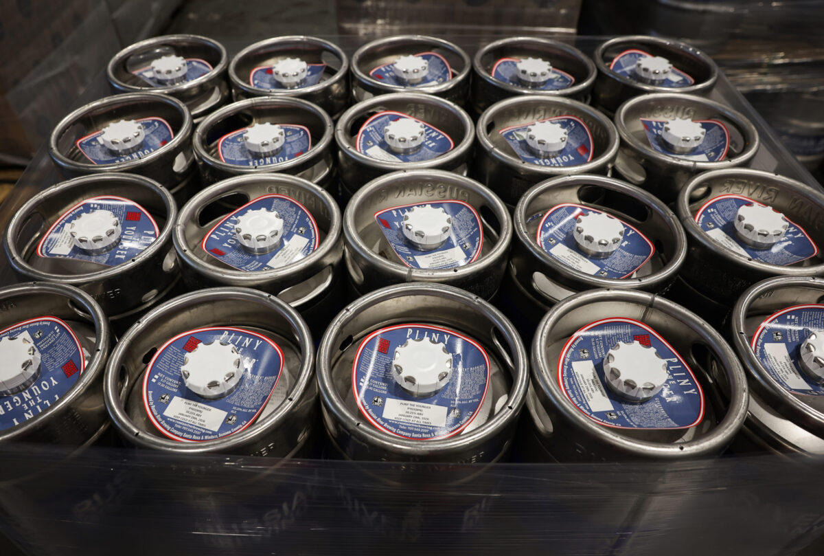 Sixtel kegs of Pliny the Younger in a cooling unit at Russian River Brewing Company in Windsor on Thursday, January 29, 2026. (Christopher Chung/The Press Democrat)