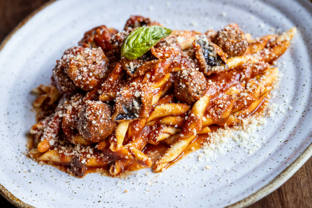 Domenico Napolitano pasta with fusilli, meatballs, eggplant and parmesan from L'Oro di Napoli Friday, February 28, 2025, at their second location in Petaluma. (John Burgess / The Press Democrat)