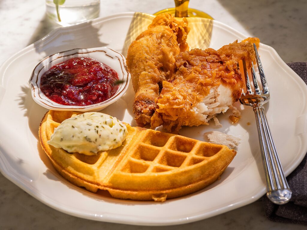 Fried chicken and waffles with strawberry jam and rosemary butter from the weekend brunch menu at The Madrona in Healdsburg, Friday, July 14, 2023. (John Burgess / The Press Democrat)