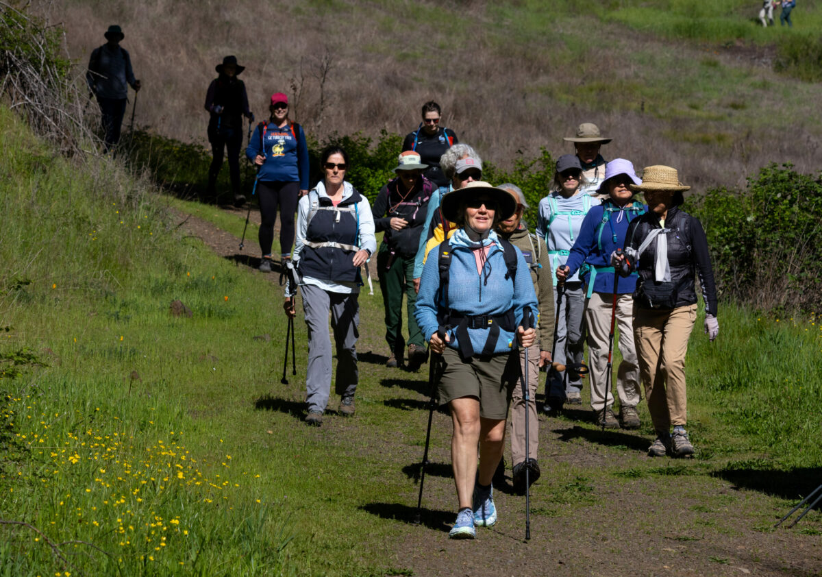 Hikers participating in Sonoma Ecology Center’s Headwaters to Headwaters 2025 benefit supporting Sugarloaf Ridge State Park, hike from Hood Mountain Regional Park towards Sugarloaf Ridge State Park, in Santa Rosa, on Saturday, April 12, 2025. (Darryl Bush / For The Press Democrat)
