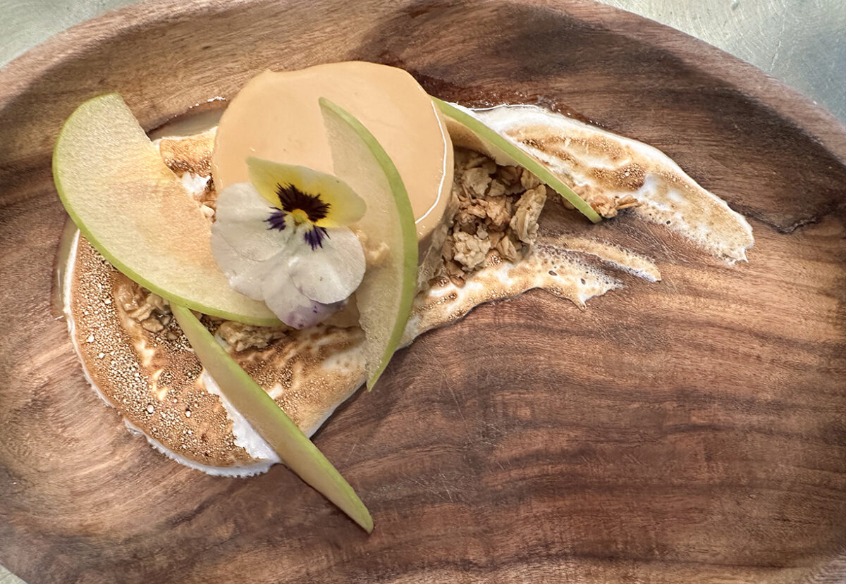 Flan De Caramelo with Green Apple & Honey Almond Crumble at Guiso Latin Fusion restaurant in Healdsburg. (Aylin Mojica)