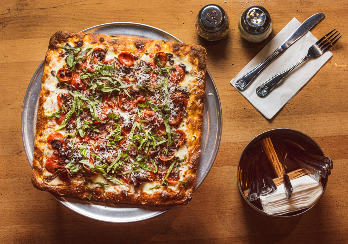 The Mush-a-Roni square pizza with red sauce, pepperoni, cremini mushrooms, shaved Parmesan and fresh basil from PizzaLeah Wednesday, April 16, 2025, in Windsor. (John Burgess / The Press Democrat)