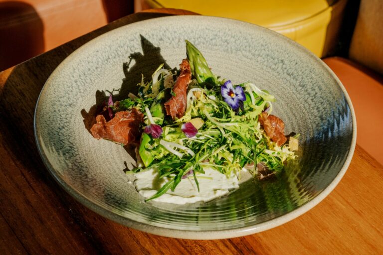 Delta Asparagus Salad with fresh ricotta, fennel pollen, prosciutto, focaccia croutons and arugula at Spoonbar in Healdsburg. (Winston Lai)