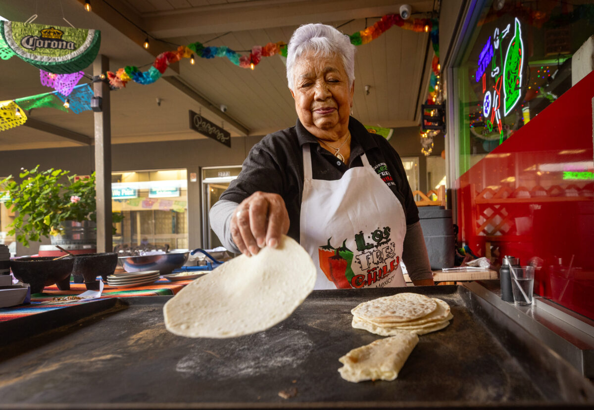Eva Ramos is a fixture making fresh tortillas outside Los Tres Chiles Cocina Mexicana Friday, Oct. 10, 2025 in Santa Rosa. (John Burgess / The Press Democrat)