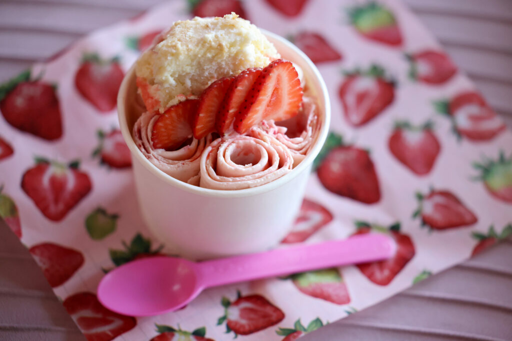 A Strawberry Cheesecake Premium Roll at Pink Sugar Creamery in Santa Rosa Tuesday, May 20, 2025. (Beth Schlanker / The Press Democrat)
