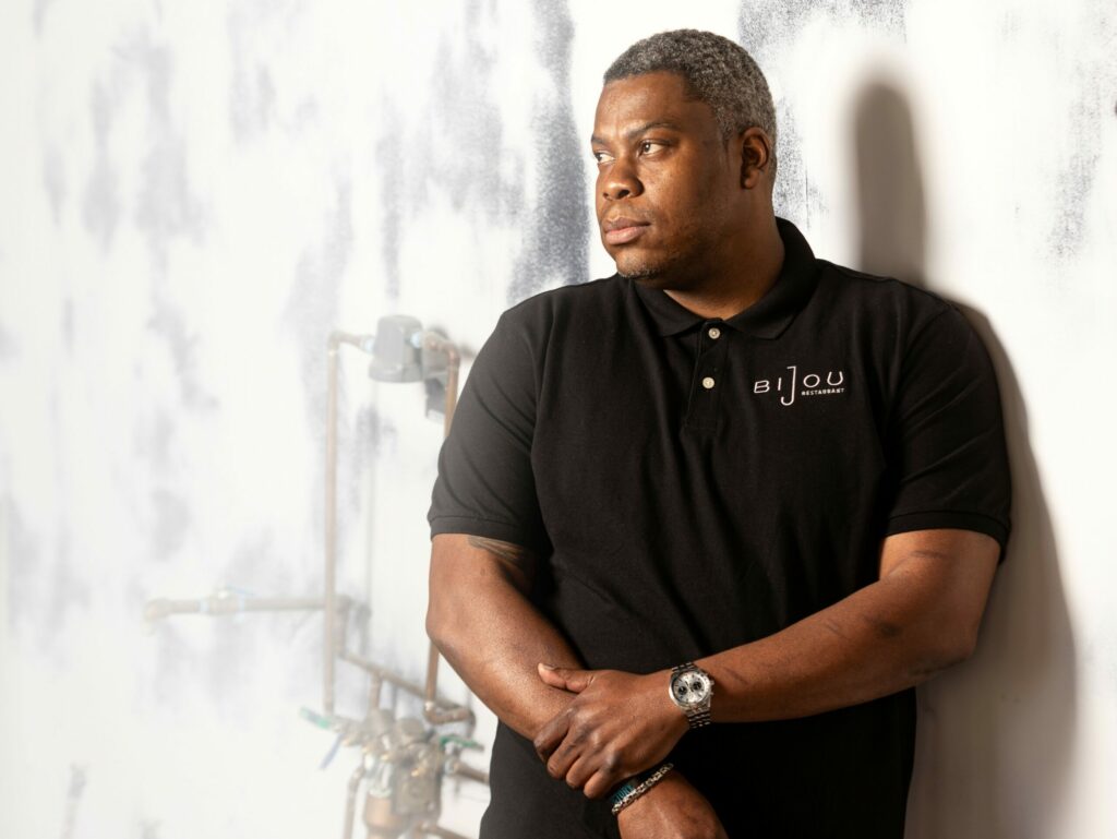 Table Culture Provisions’ co-owner/chef Stéphane Saint Louis inside the construction zone of his new casual dining, full-bar Bijou restaurant Friday, April 4, 2025, in downtown Petaluma. (John Burgess / The Press Democrat)