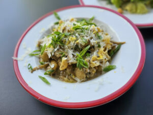Lumache with porcini cream, Mycopia mushrooms and scallions at Acre Pasta at The Barlow in Sebastopol. (Heather Irwin / The Press Democrat)