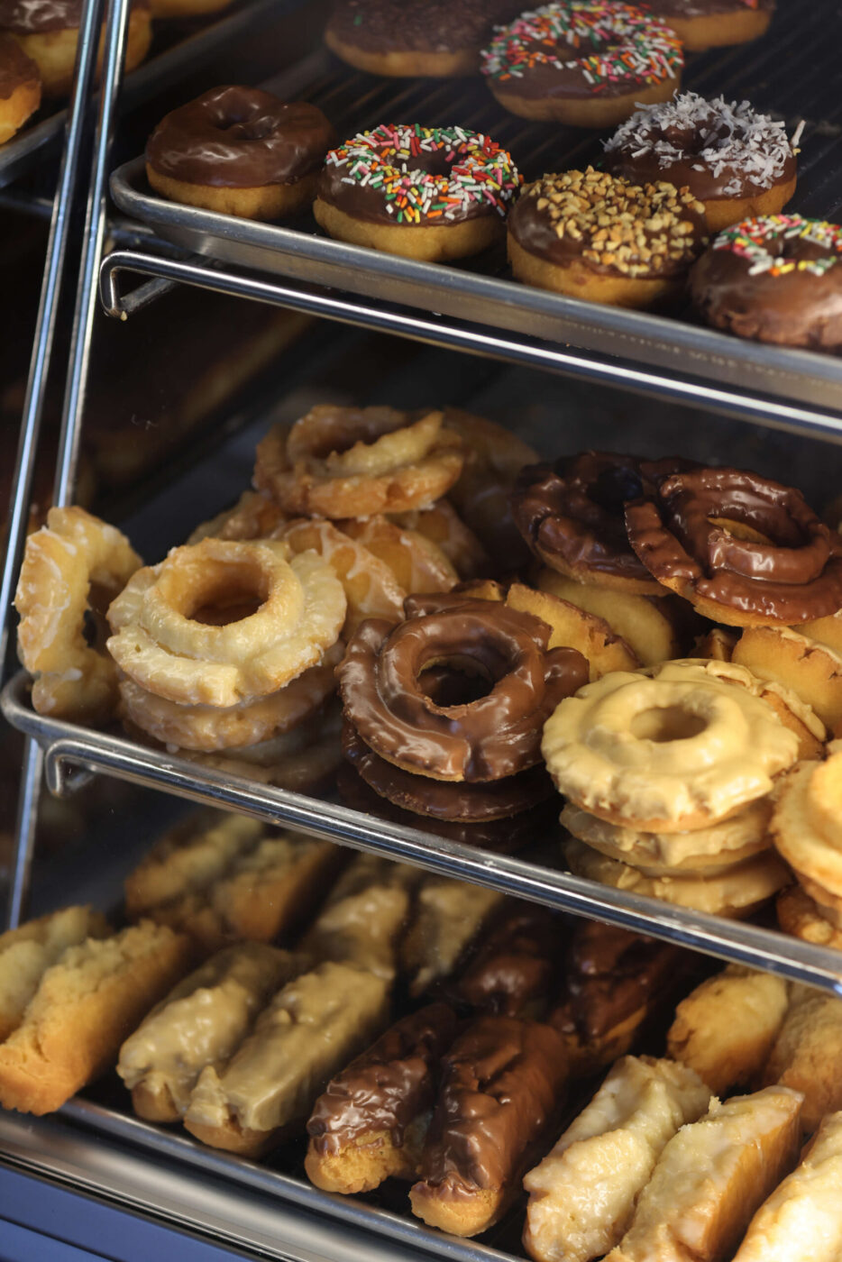 A variety of freshly baked doughnuts in the case at Tan's Donut in Santa Rosa, Calif., on Thursday, April 28, 2022. (Beth Schlanker/The Press Democrat)
