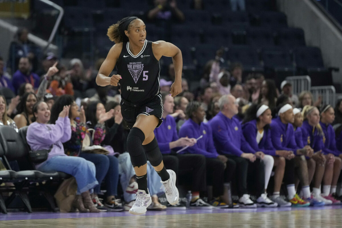 Golden State Valkyries forward Kayla Thornton during a WNBA preseason basketball game against the Los Angeles Sparks in San Francisco, Tuesday, May 6, 2025. (AP Photo/Jeff Chiu)