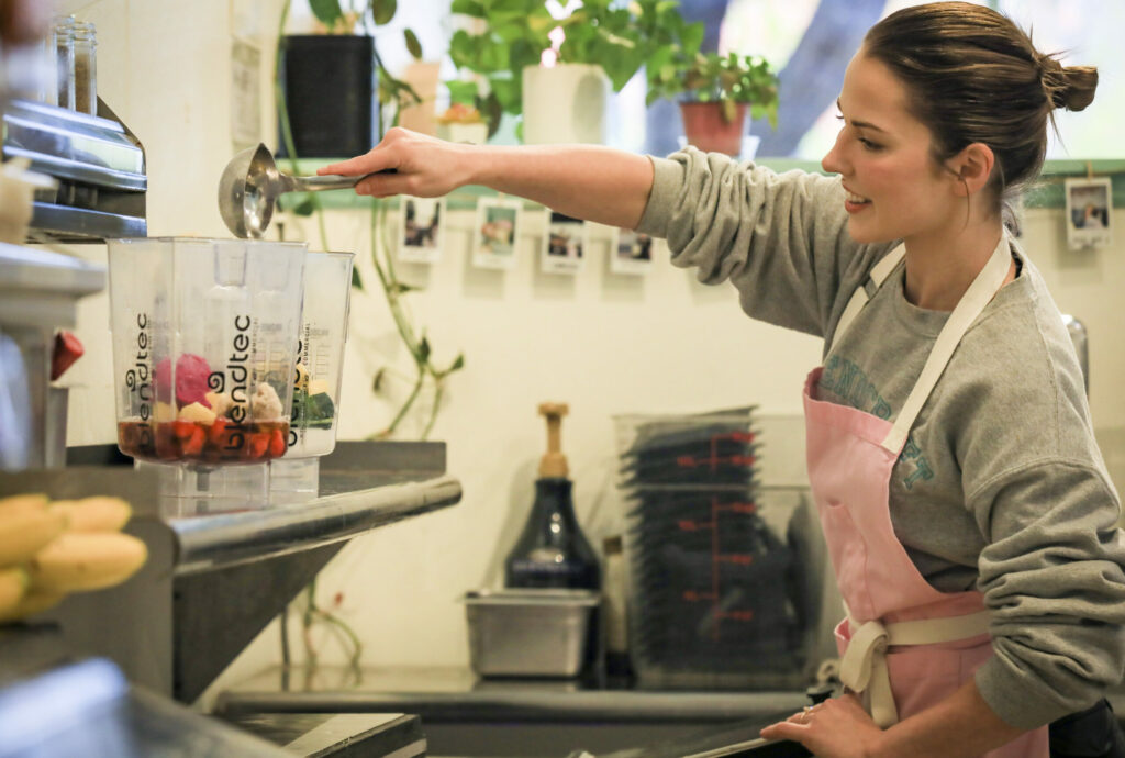 Ashley Baker, co-owner of BlendCraft in downtown Petaluma, prepares smoothies. Photographed on Wednesday, November 13, 2024. (Crissy Pascual/Petaluma Argus-Courier)