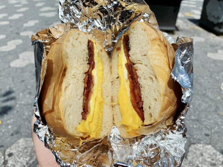 A bacon, egg and cheese sandwich — or BEC — made on a fluffy plain bagel from a local New York City bagel shop in Brooklyn, New York. (Getty Images / iStockphoto)