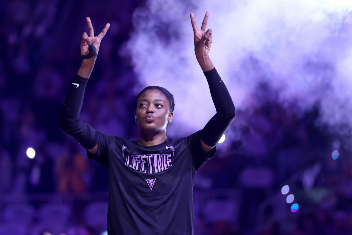 SAN FRANCISCO, CALIFORNIA - MAY 16: Temi Fagbenle #14 of the Golden State Valkyries is introduced to the crowd before their game against the Los Angeles Sparks at Chase Center on May 16, 2025 in San Francisco, California. The Valkyries first home game in their inaugural season. (Photo by Ezra Shaw/Getty Images)