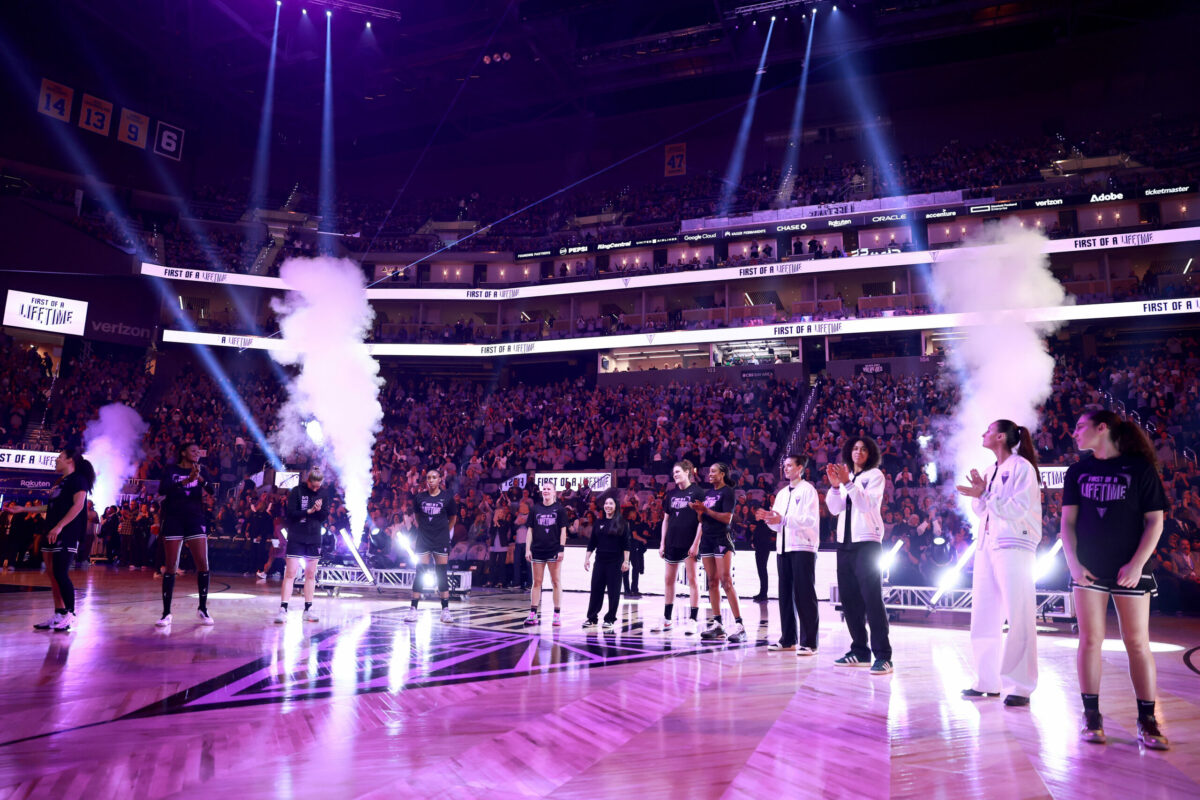SAN FRANCISCO, CALIFORNIA - MAY 16: The Golden State Valkyries are introduced to the crowd before their game against the Los Angeles Sparks at Chase Center on May 16, 2025 in San Francisco, California. The Valkyries first home game in their inaugural season. (Photo by Ezra Shaw/Getty Images)
