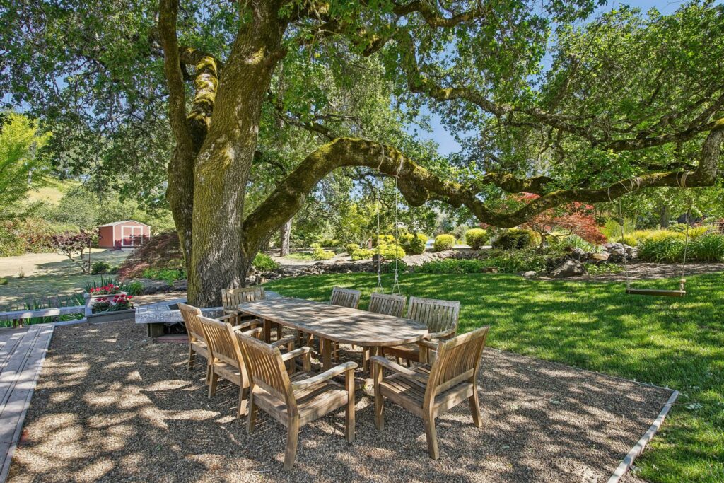 Dining area under an ancient oak. (Zillow Media Experts / Sotheby’s International Realty)