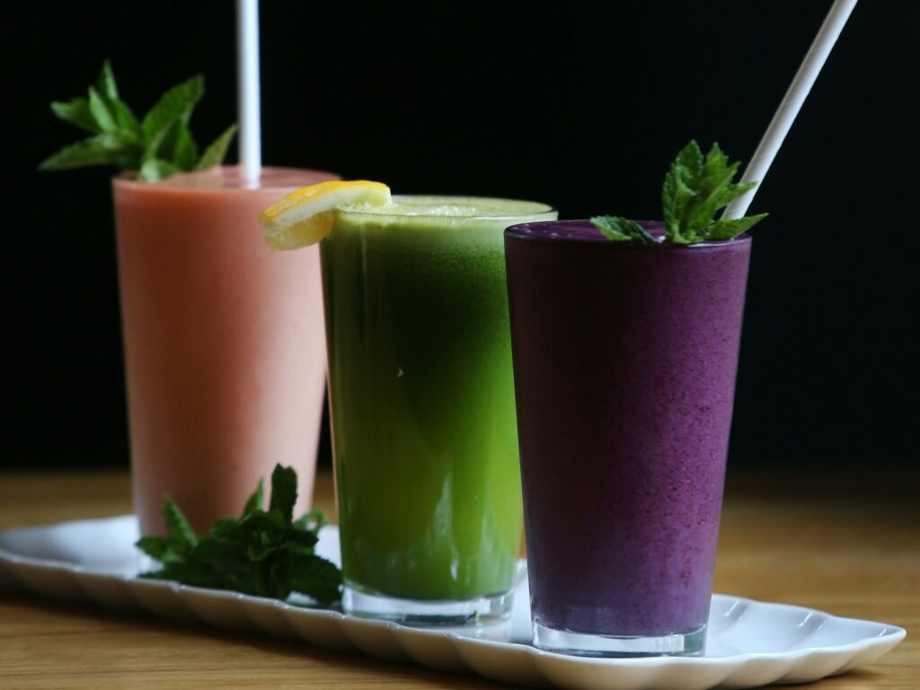 (From right) Omega smoothie, Goodness Green juice blend, and the Shooting Star smoothie at the Howard Station Cafe in Occidental, on Thursday, May 13, 2021. (Beth Schlanker/Sonoma Magazine)