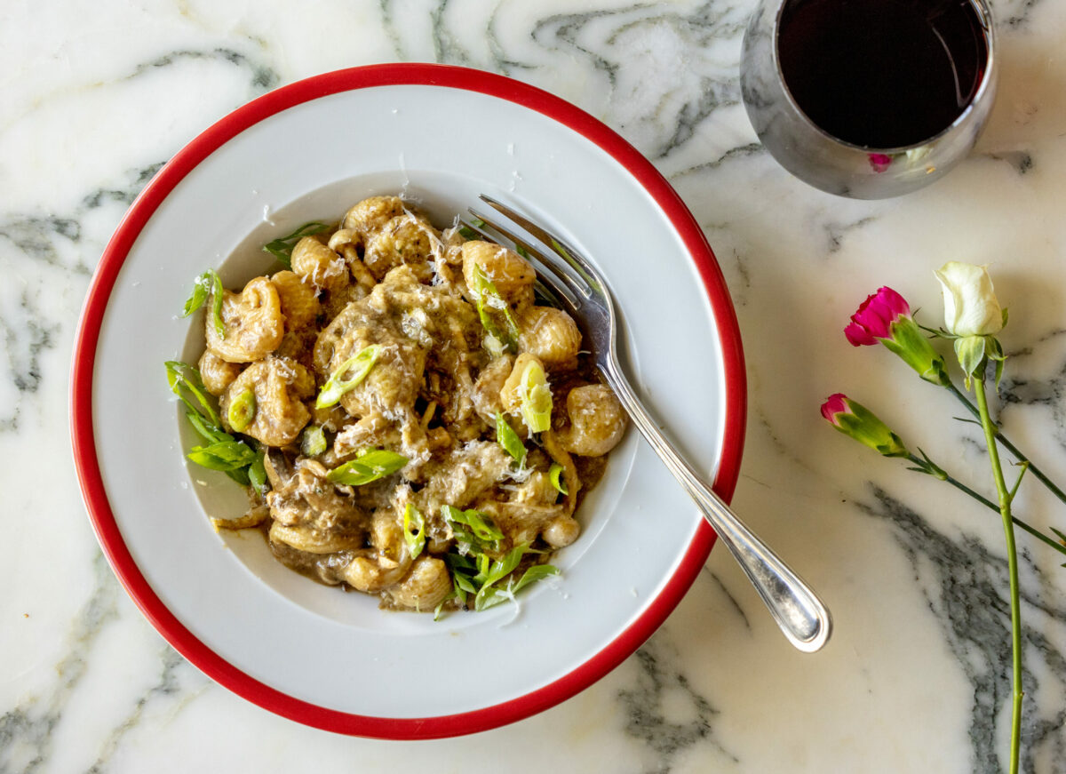 Lumache with porcini cream, Mycopia mushrooms and scallions from Acre Pasta, Friday, May 30, 2025 in Sebastopol’s Barlow District. (John Burgess / The Press Democrat)
