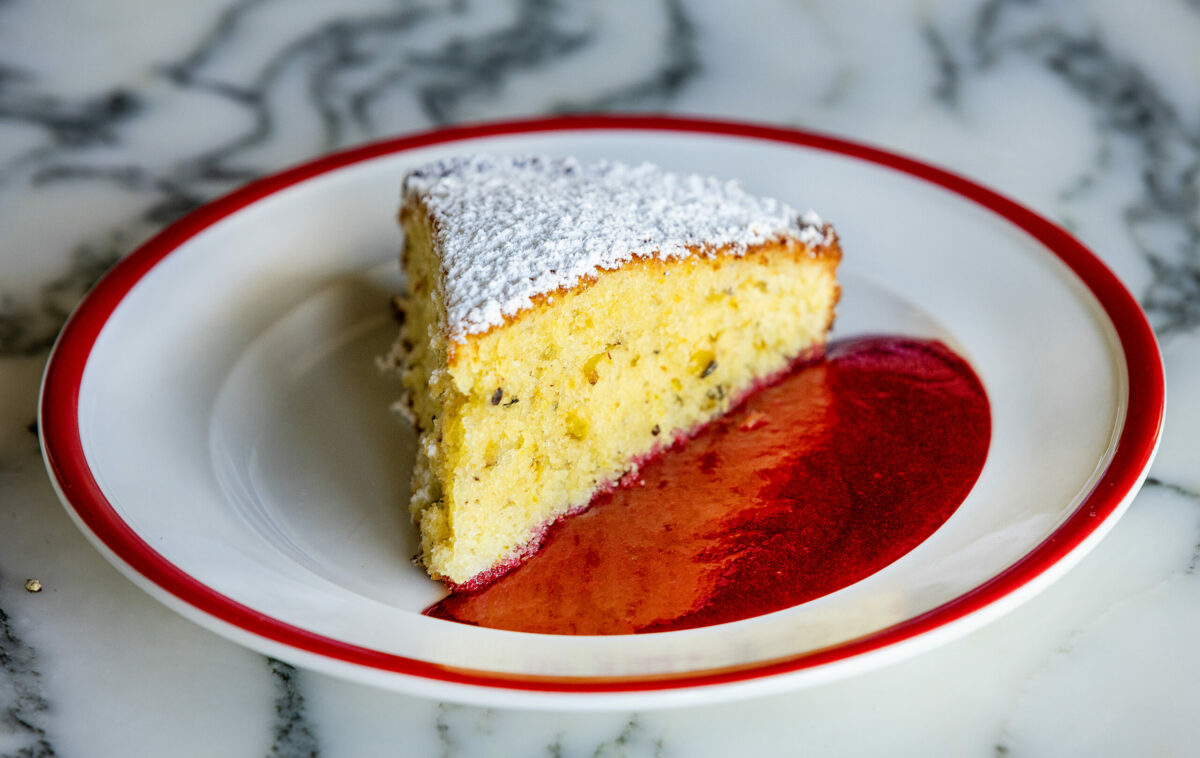 Olive Oil Cake with raspberry puree from Acre Pasta, Friday, May 30, 2025 in Sebastopol’s Barlow District. (John Burgess / The Press Democrat)