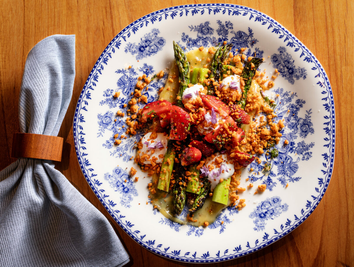 Asparagus Salad with local strawberries, whipped feta, espelette, almonds and lemon curd citronette from Poppy restaurant Thursday, June 12, 2025, in Glen Ellen. (John Burgess / The Press Democrat)