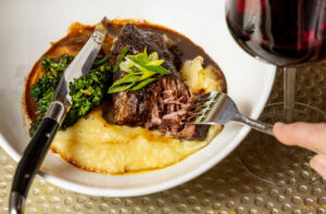 Braised Short Ribs with polenta and broccolini and a red wine Demi Reduction sauce from the Beet Restaurant and Wine Shop Friday, September 13, 2024, in Cloverdale. (John Burgess / The Press Democrat)