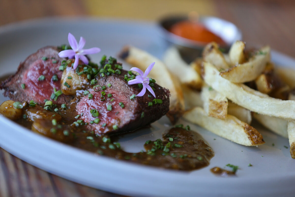 Akaush Ranch flat iron steak and frites served at Gourmet Au Bay in Bodega Bay on Thursday, May 9, 2024. (Christopher Chung/The Press Democrat)