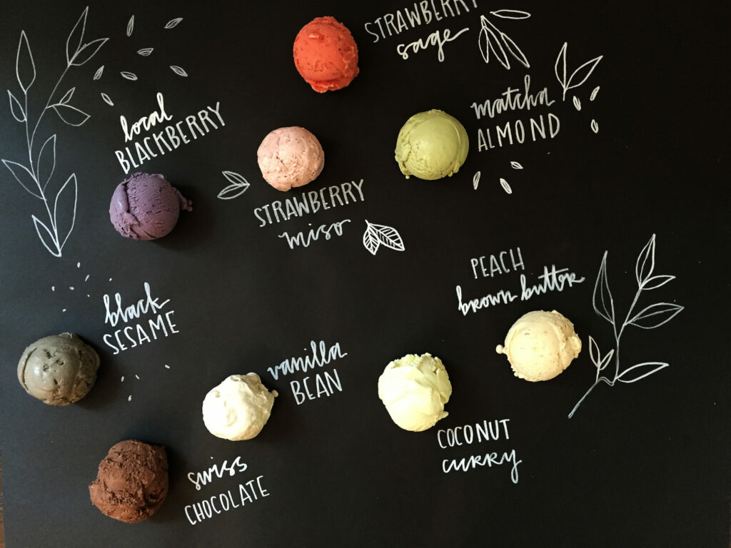 A selection of ice cream flavors from Noble Folk Ice Cream & Pie Bar, which has locations in Healdsburg and Santa Rosa. (Sonoma County Tourism)